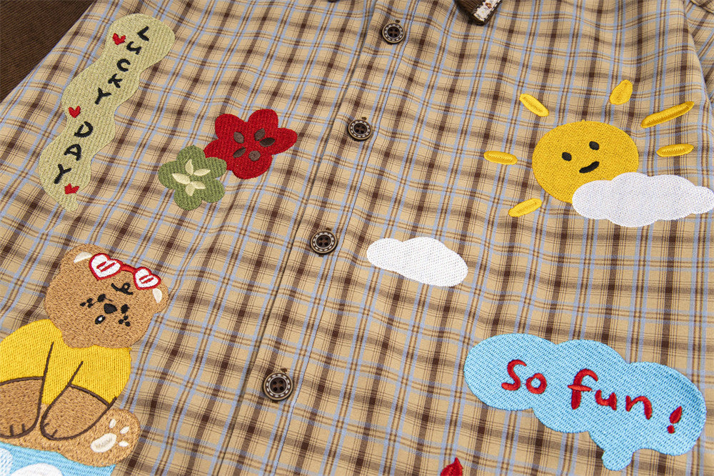 Loose Fun Cartoon Bear Plaid Shirt