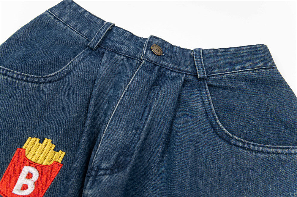 Cartoon Embroidered Denim Wide Leg Jeans