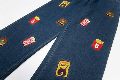 Cartoon Embroidered Denim Wide Leg Jeans