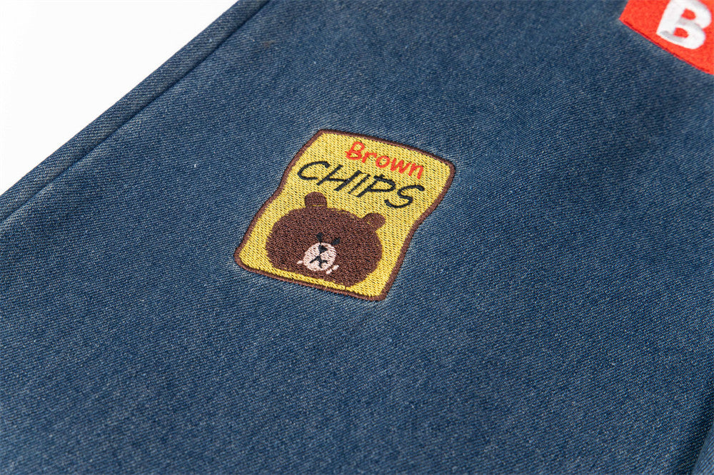 Cartoon Embroidered Denim Wide Leg Jeans