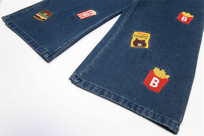 Cartoon Embroidered Denim Wide Leg Jeans