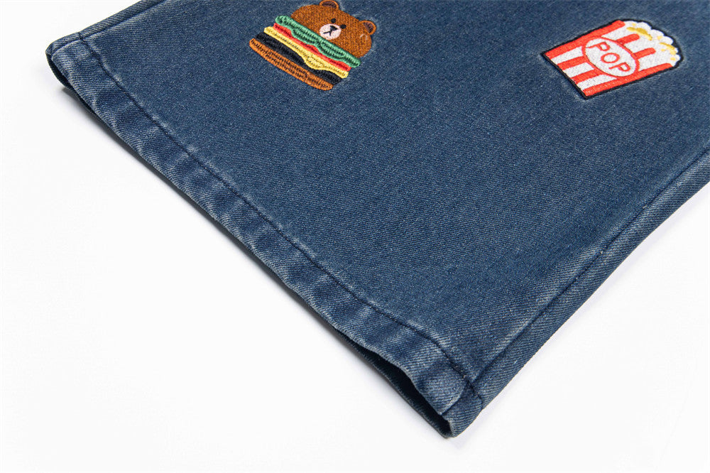 Cartoon Embroidered Denim Wide Leg Jeans
