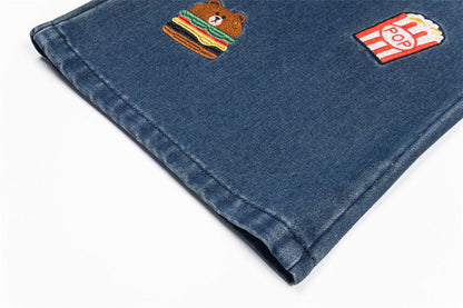 Cartoon Embroidered Denim Wide Leg Jeans