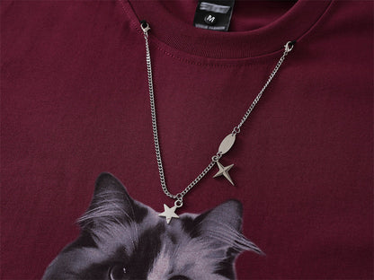 American Style Cat Print Decorative T-Shirt