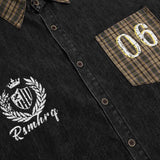 Vintage Embroidered Plaid Collar Long Sleeve Denim Shirt