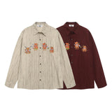 Whimsical Bear Embroidered Striped Long Sleeve Shirt