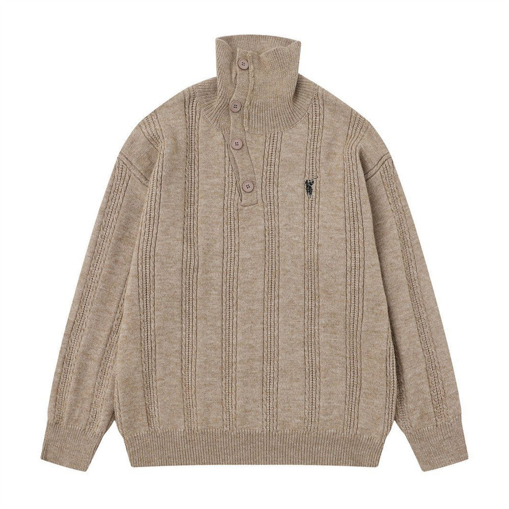 Men Cozy Jacquard Button-Up High Neck Sweater