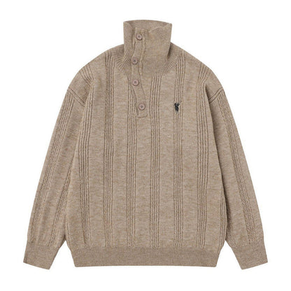 Men Cozy Jacquard Button-Up High Neck Sweater