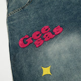Cartoon Embroidered Vintage Washed Denim Jeans