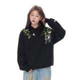 Women Cozy Floral Embroidered Casual Hoodie