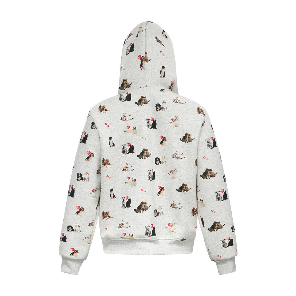Whimsical Animal Zip-Up Print Hooded Sweatshirt