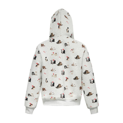 Whimsical Animal Zip-Up Print Hooded Sweatshirt