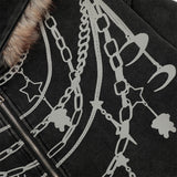 Y2K Chain Print Faux Fur Hooded Washed Sweatshirt