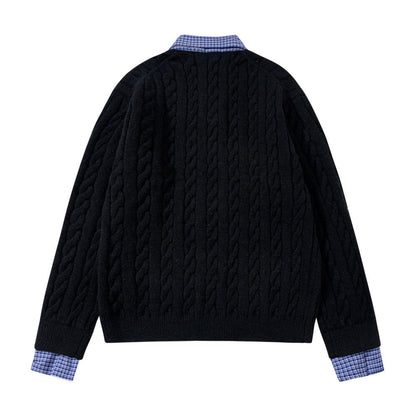 Stylish Fake Two Piece Preppy Check Collar Sweater