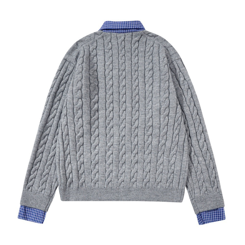 Stylish Fake Two Piece Preppy Check Collar Sweater