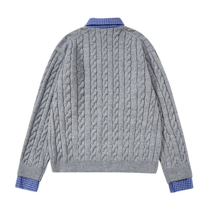 Stylish Fake Two Piece Preppy Check Collar Sweater