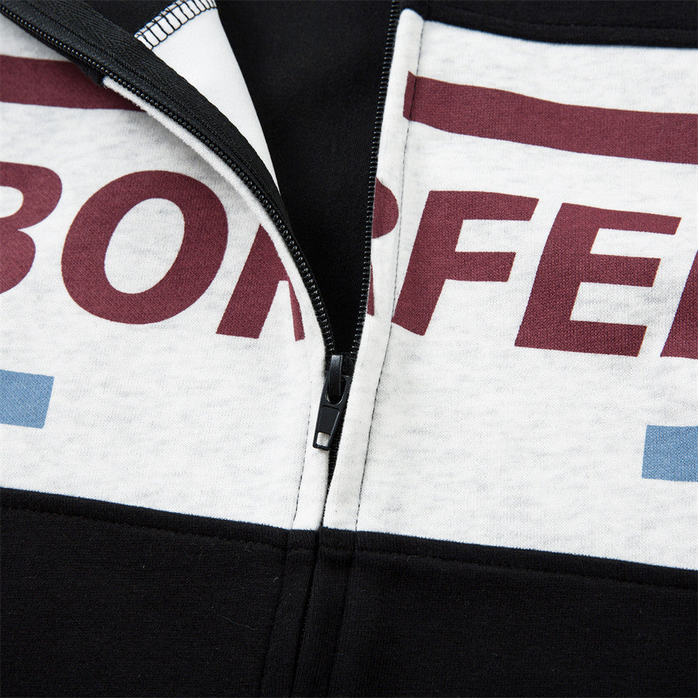 Stylish Color Block Letter Print Zip-Up Sweatshirt