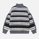 Striped Fringed Turtleneck Button Sweater
