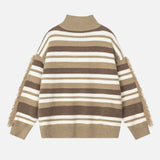 Striped Fringed Turtleneck Button Sweater