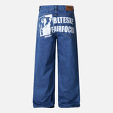 Vintage Style Letter Print Washed Denim Jeans
