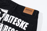 Vintage Style Letter Print Washed Denim Jeans