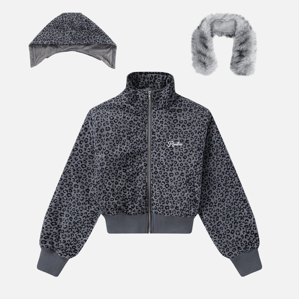 Trendy Leopard Print Faux Furr Hooded Padded Jacket