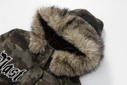 Camouflage Lined Cashmere Faux Furr Hooded Jacket