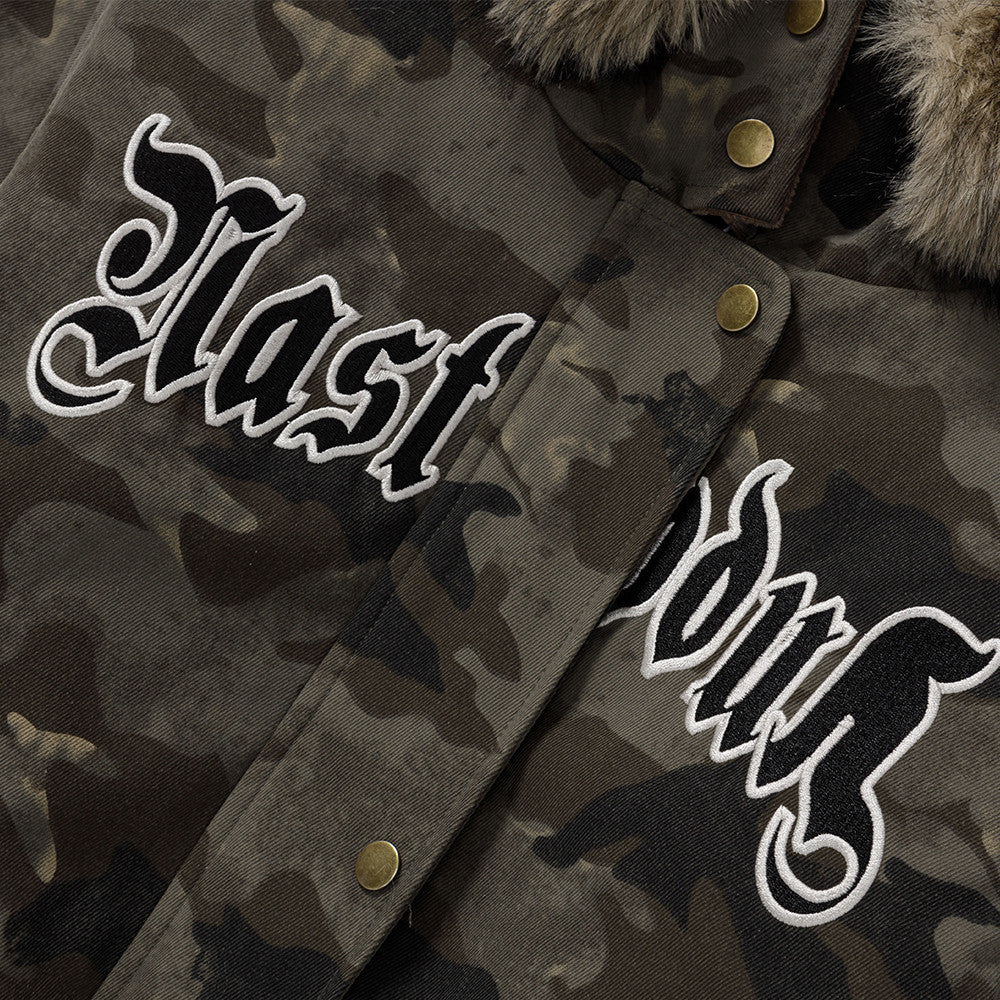 Camouflage Lined Cashmere Faux Furr Hooded Jacket