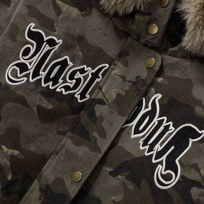 Camouflage Lined Cashmere Faux Furr Hooded Jacket