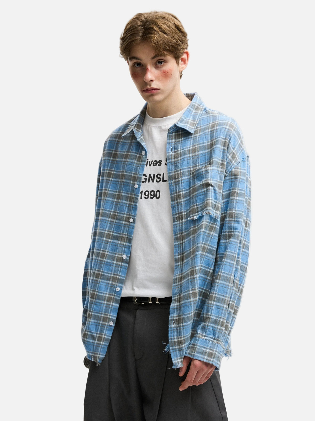 Rouge Plaid Cotton Frayed Long Sleeve Shirt