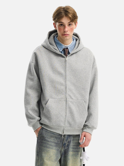 Retro Heavy Solid Color Hooded Double Zipper Sweatshirt