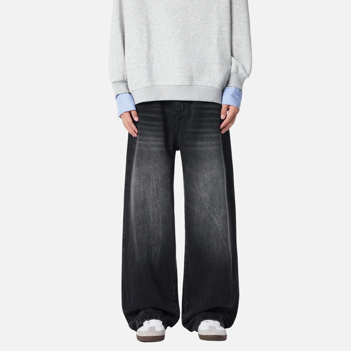 Cleanfit Whiskers Wide Leg Washed Jeans