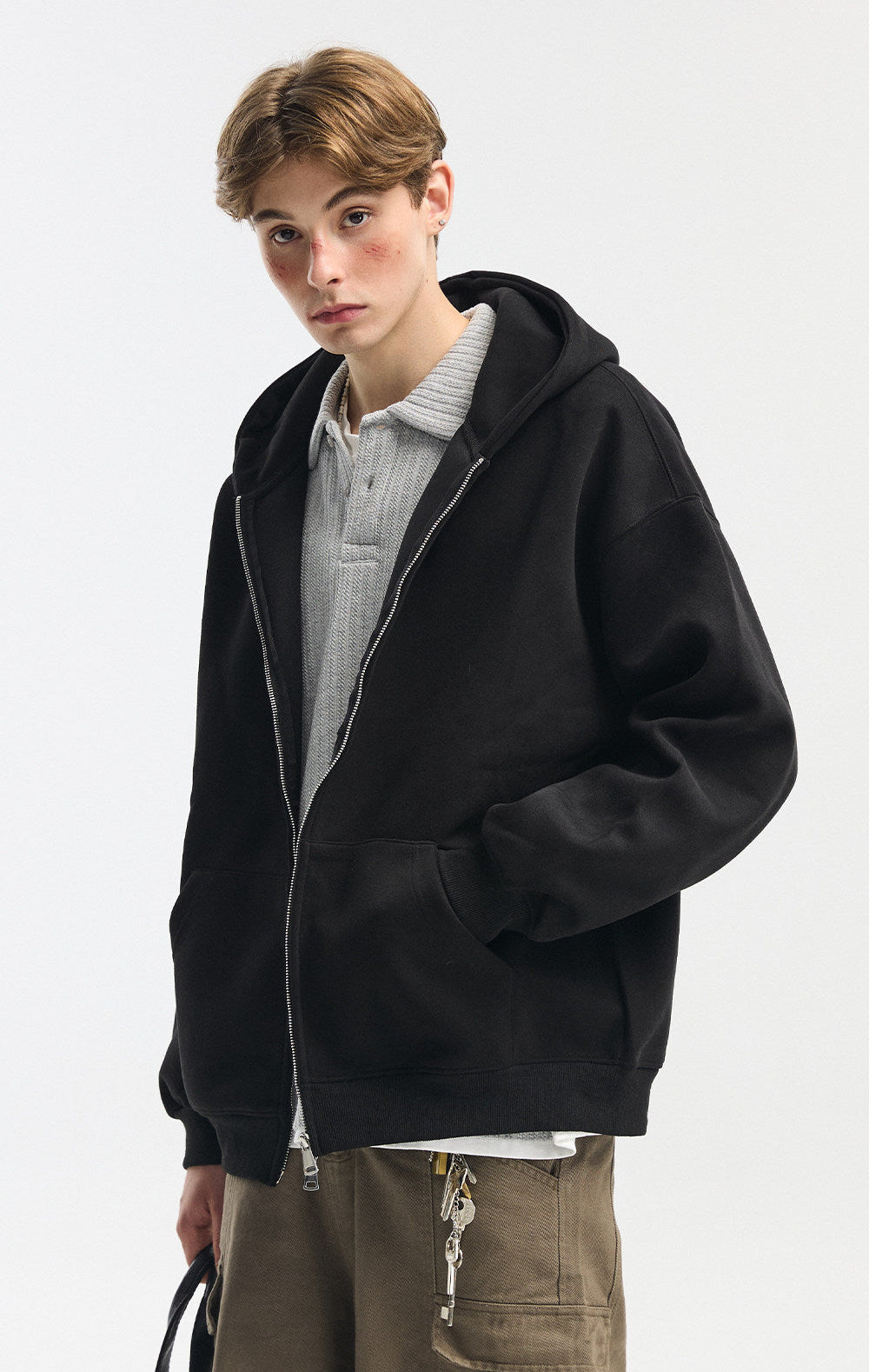Retro Heavy Solid Color Hooded Double Zipper Sweatshirt