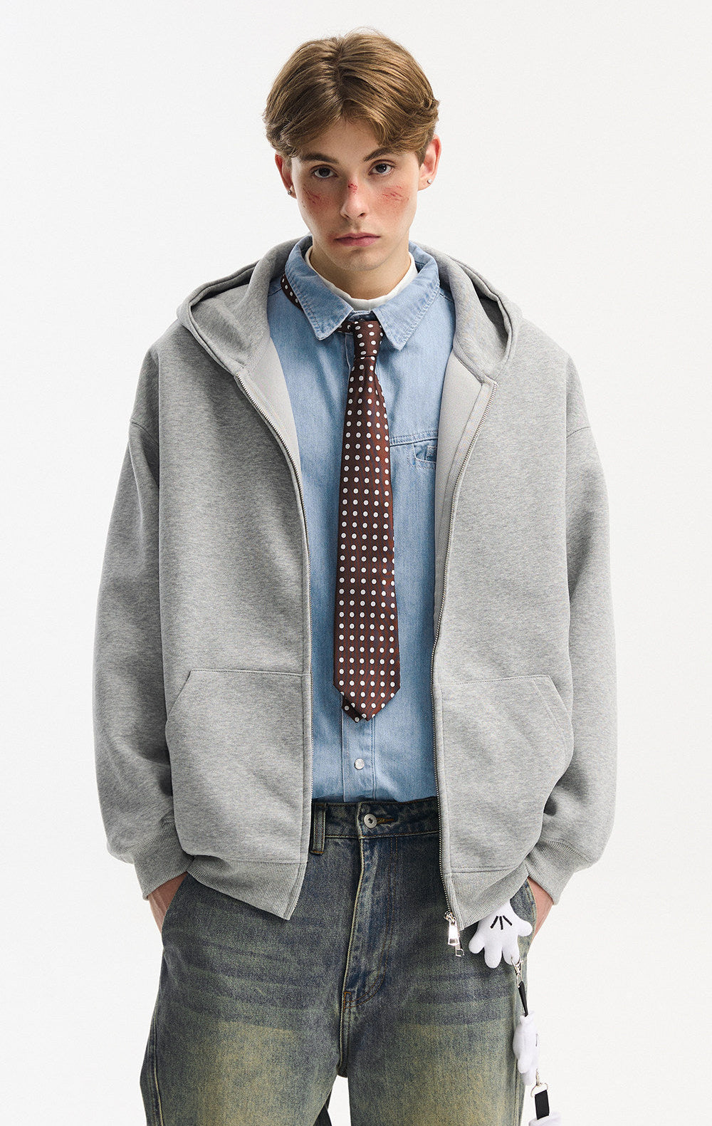 Retro Heavy Solid Color Hooded Double Zipper Sweatshirt