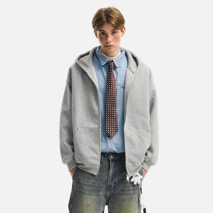Retro Heavy Solid Color Hooded Double Zipper Sweatshirt