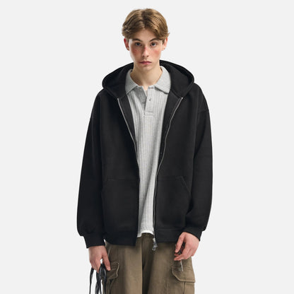 Retro Heavy Solid Color Hooded Double Zipper Sweatshirt