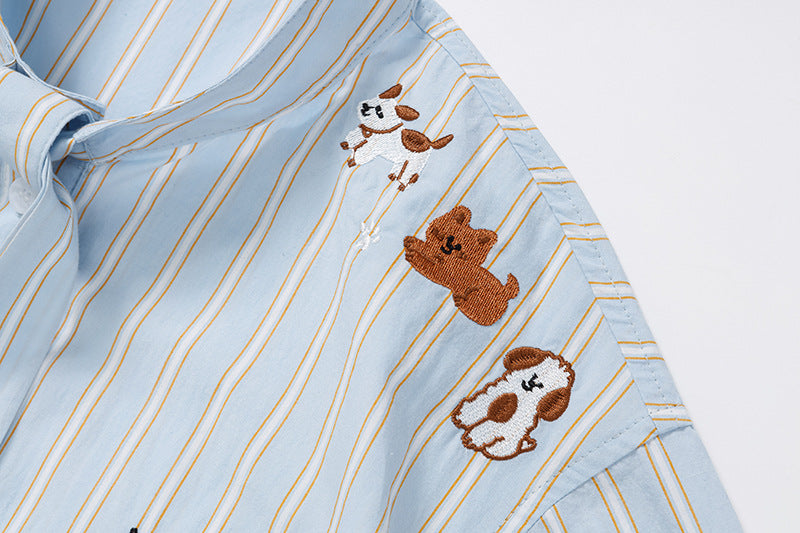 DAXUEN Light blue short-sleeved striped shirt with puppy embroidery