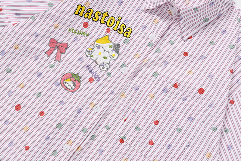 DAXUEN Pastel polka dot embroidered button-up shirt