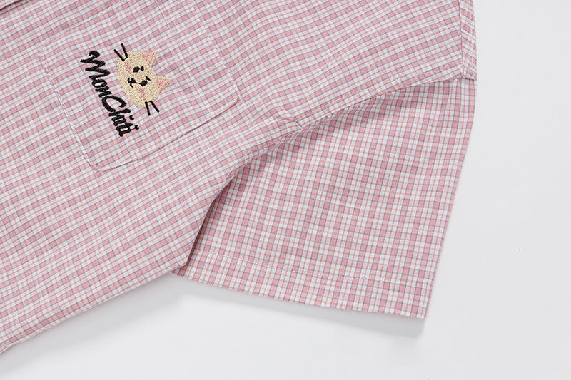DAXUEN Pink plaid short-sleeved collared shirt with cat embroidery
