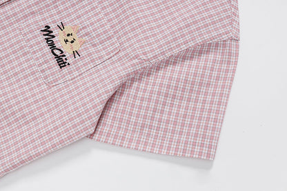 DAXUEN Pink plaid short-sleeved collared shirt with cat embroidery