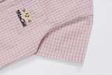 DAXUEN Pink plaid short-sleeved collared shirt with cat embroidery