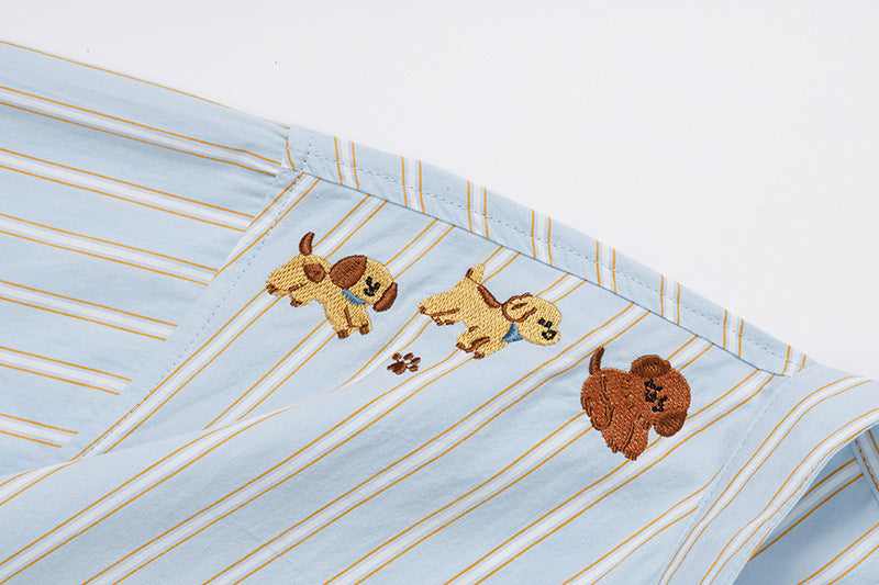 DAXUEN Light blue short-sleeved striped shirt with puppy embroidery