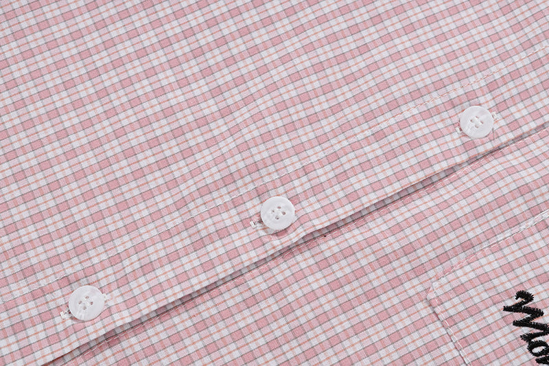 DAXUEN Pink plaid short-sleeved collared shirt with cat embroidery