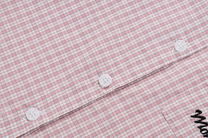 DAXUEN Pink plaid short-sleeved collared shirt with cat embroidery