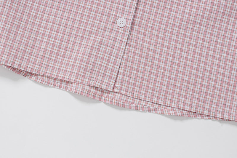 DAXUEN Pink plaid short-sleeved collared shirt with cat embroidery