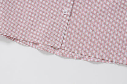 DAXUEN Pink plaid short-sleeved collared shirt with cat embroidery