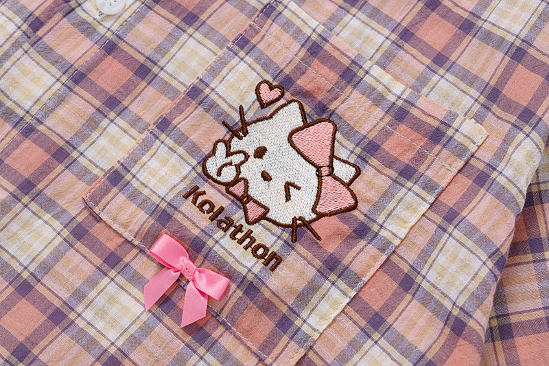 DAXUEN Casual pink plaid button-up shirt with cartoon embroidery