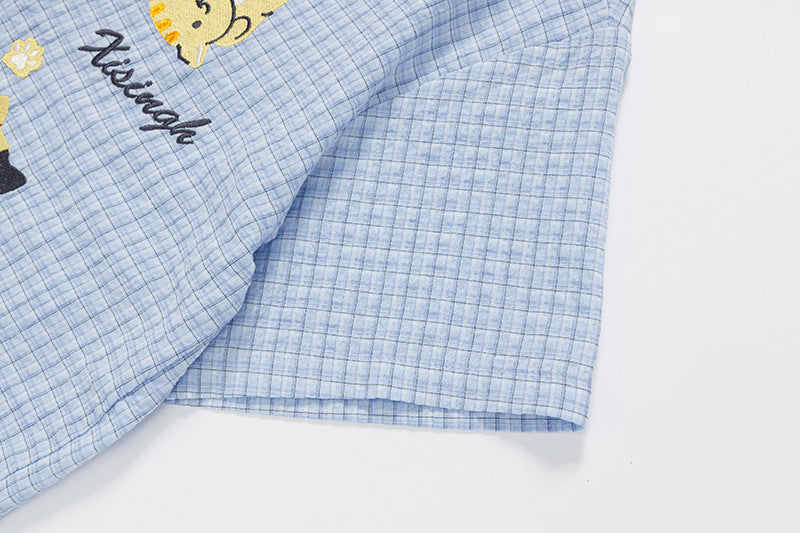 DAXUEN Cat embroidered plaid short sleeve shirt