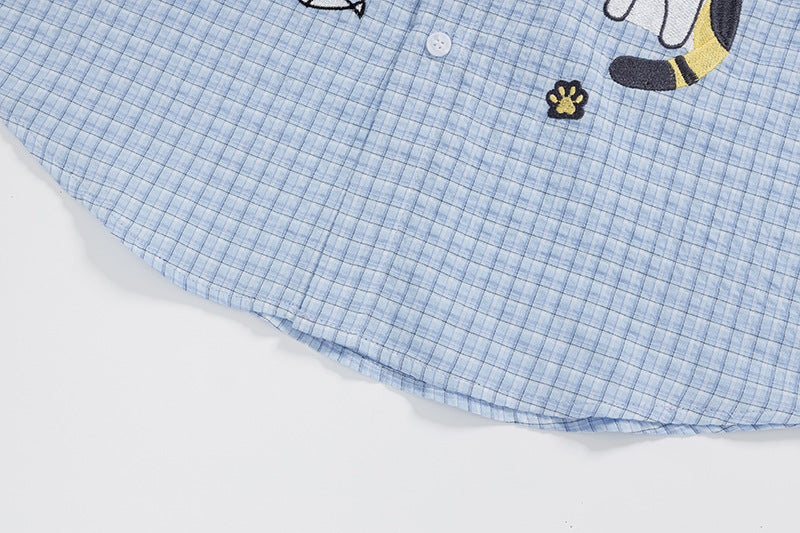 DAXUEN Cat embroidered plaid short sleeve shirt