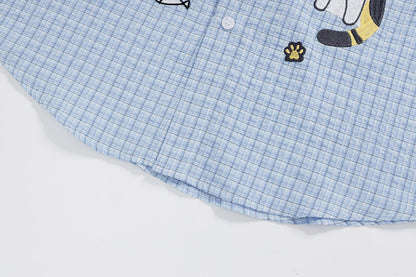 DAXUEN Cat embroidered plaid short sleeve shirt